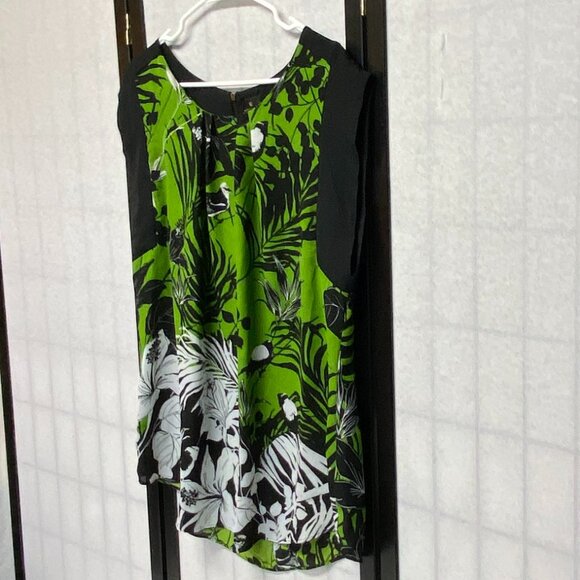 Worthington Banded Cap Sleeve Pleated Front Back Yoke Zip Top Black Green XL - Picture 4 of 12